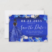 Floral Royal Blue Dress Verjaardag Quinceanera Save The Date (Voorkant)