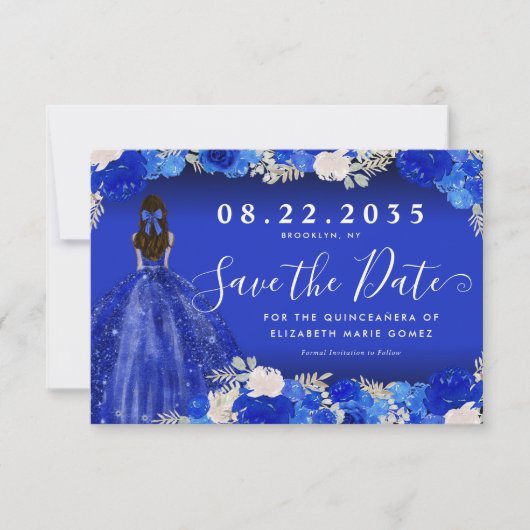 Floral Royal Blue Dress Verjaardag Quinceanera Save The Date (Voorkant)
