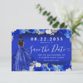 Floral Royal Blue Dress Verjaardag Quinceanera Save The Date (Staand voorkant)