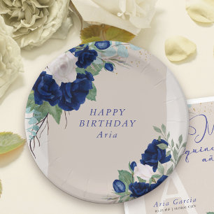 Floral Royal Blue en Ivoor Rozen gepersonaliseerd Papieren Bordje