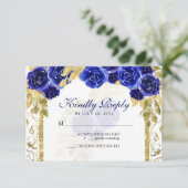 Floral Royal Blue Gold Arch Quinceañera RSVP Kaartje (Staand voorkant)