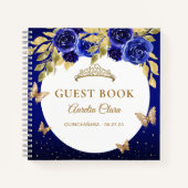 Floral Royal Blue Gold Tiara Vlinder Gastenboek Notitieboek (Voorkant)