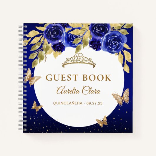 Floral Royal Blue Gold Tiara Vlinder Gastenboek Notitieboek (Voorkant)