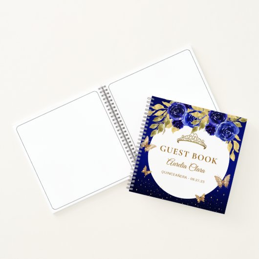 Floral Royal Blue Gold Tiara Vlinder Gastenboek Notitieboek (Binnen)