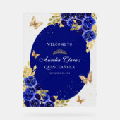 Floral Royal Blue Gold Tiara vlinder Quinceañera Acryl Bord (Voorkant)