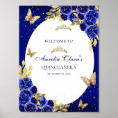 Floral Royal Blue Gold Tiara vlinder Quinceañera Poster (Voorkant)