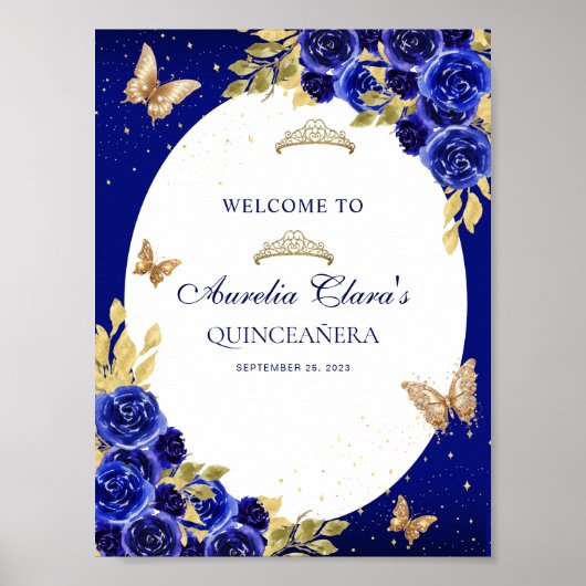 Floral Royal Blue Gold Tiara vlinder Quinceañera Poster (Voorkant)