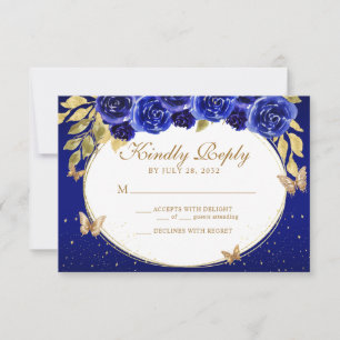 Floral Royal Blue Gold Tiara vlinder Quinceañera RSVP Kaartje