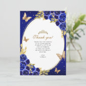 Floral Royal Blue Gold Vlinder Quinceañera Foto Bedankkaart (Staand voorkant)