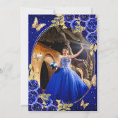 Floral Royal Blue Gold Vlinder Quinceañera Foto Bedankkaart (Achterkant)