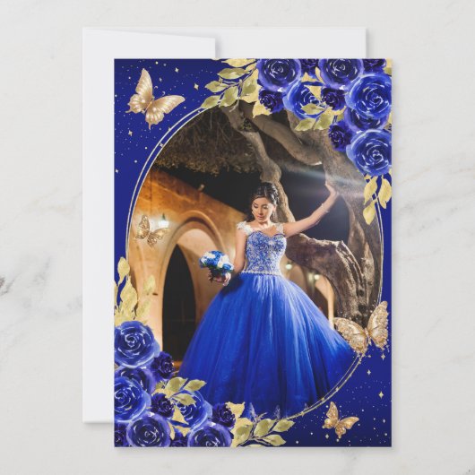 Floral Royal Blue Gold Vlinder Quinceañera Foto Bedankkaart (Achterkant)