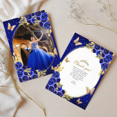Floral Royal Blue Gold Vlinder Quinceañera Foto Bedankkaart