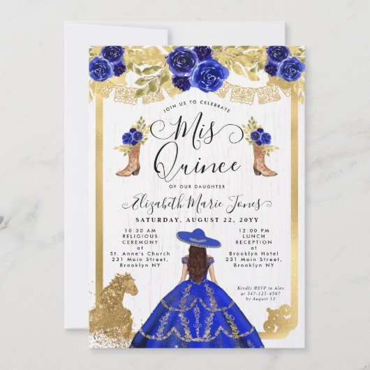Floral Royal Blue Horse Charra Quinceanera Kaart (Voorkant)
