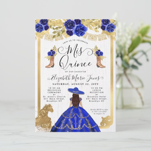 Floral Royal Blue Horse Charra Quinceanera Kaart (Staand voorkant)