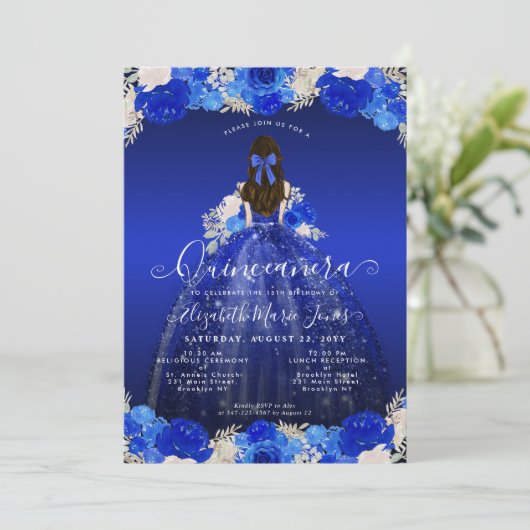 Floral Royal Blue Princess Dress Gown Quinceanera Kaart (Staand voorkant)