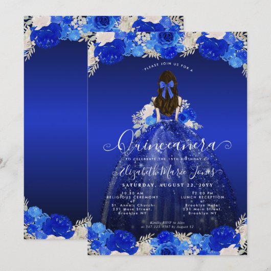 Floral Royal Blue Princess Dress Gown Quinceanera Kaart (Voorkant / Achterkant)