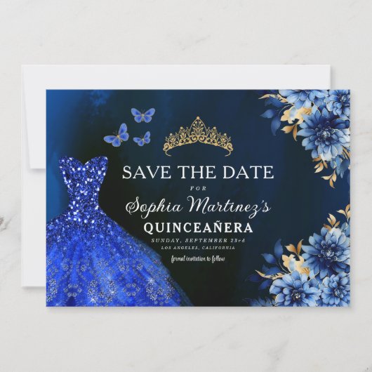 Floral Royal Blue Princess Verjaardag Quinceanera Save The Date (Voorkant)