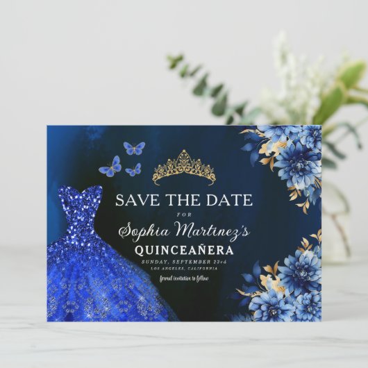 Floral Royal Blue Princess Verjaardag Quinceanera Save The Date (Staand voorkant)