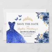 Floral Royal Blue Princess Verjaardag Quinceanera Save The Date (Voorkant)