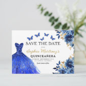 Floral Royal Blue Princess Verjaardag Quinceanera Save The Date (Staand voorkant)