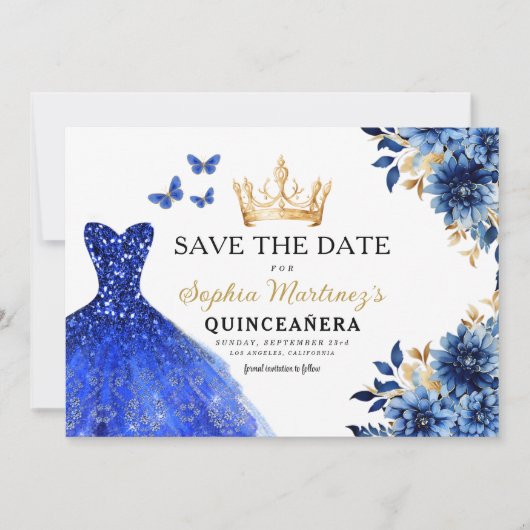 Floral Royal Blue Princess Verjaardag Quinceanera Save The Date (Voorkant)