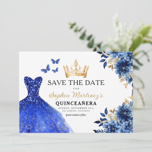 Floral Royal Blue Princess Verjaardag Quinceanera Save The Date (Staand voorkant)