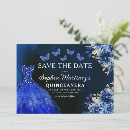 Floral Royal Blue Princess Verjaardag Quinceanera Save The Date (Staand voorkant)