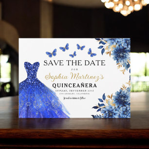 Floral Royal Blue Princess Verjaardag Quinceanera Save The Date