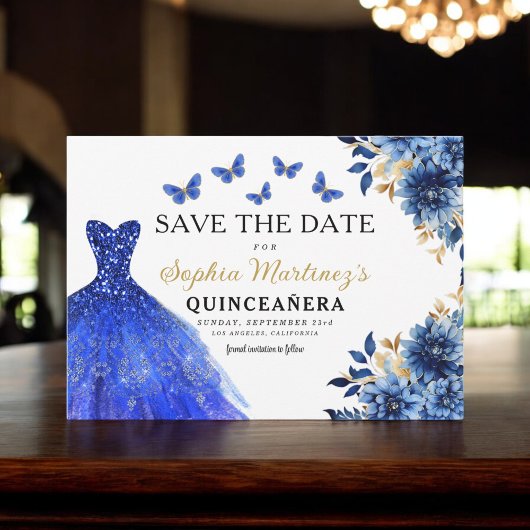 Floral Royal Blue Princess Verjaardag Quinceanera Save The Date