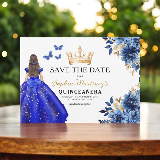 Floral Royal Blue Princess Verjaardag Quinceanera Save The Date