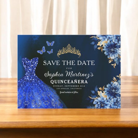 Floral Royal Blue Princess Verjaardag Quinceanera Save The Date