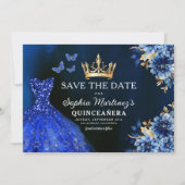 Floral Royal Blue Princess Verjaardag Quinceanera Save The Date (Voorkant)