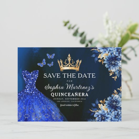 Floral Royal Blue Princess Verjaardag Quinceanera Save The Date (Staand voorkant)