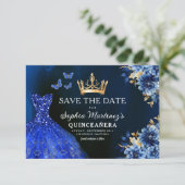 Floral Royal Blue Princess Verjaardag Quinceanera Save The Date (Staand voorkant)