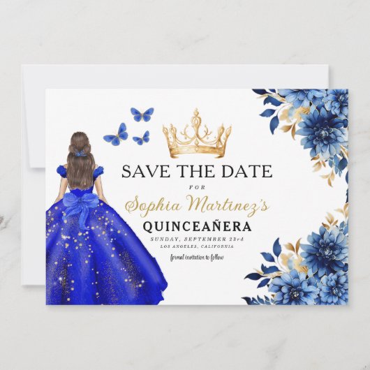 Floral Royal Blue Princess Verjaardag Quinceanera Save The Date (Voorkant)
