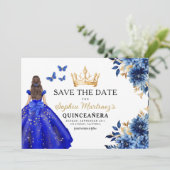 Floral Royal Blue Princess Verjaardag Quinceanera Save The Date (Staand voorkant)