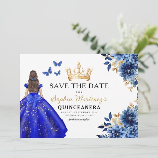 Floral Royal Blue Princess Verjaardag Quinceanera Save The Date (Staand voorkant)