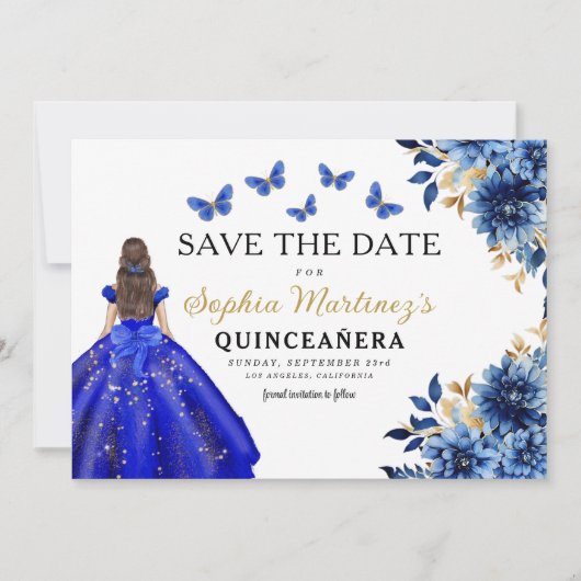 Floral Royal Blue Princess Verjaardag Quinceanera Save The Date (Voorkant)