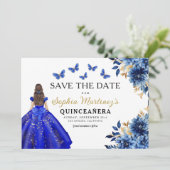 Floral Royal Blue Princess Verjaardag Quinceanera Save The Date (Staand voorkant)