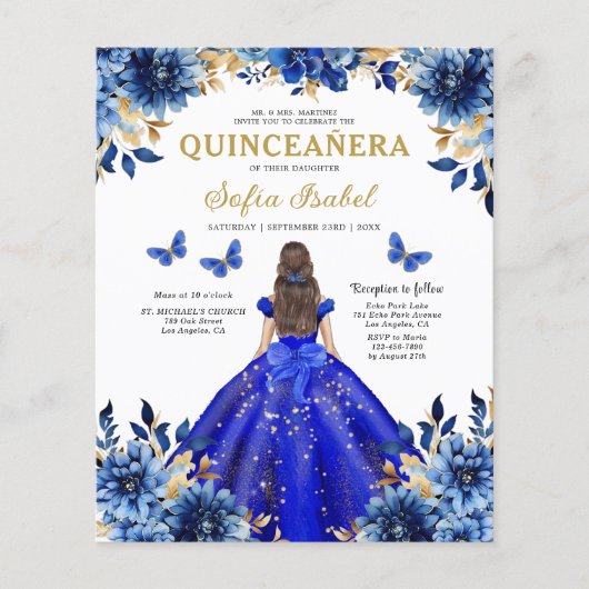 Floral Royal Blue QR Code Princess Quinceanera Flyer (Voorkant)