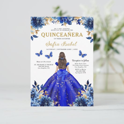 Floral Royal Blue QR Code Princess Quinceanera Kaart (Staand voorkant)