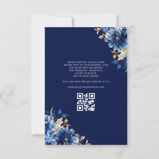 Floral Royal Blue QR Code Princess Quinceanera Kaart (Achterkant)