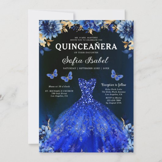 Floral Royal Blue QR Code Princess Quinceanera Kaart (Voorkant)