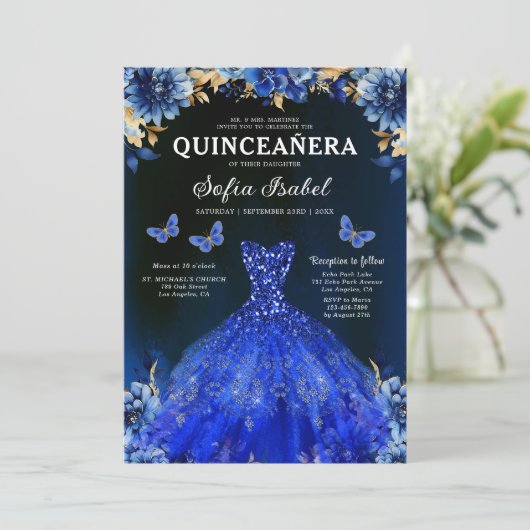 Floral Royal Blue QR Code Princess Quinceanera Kaart (Staand voorkant)