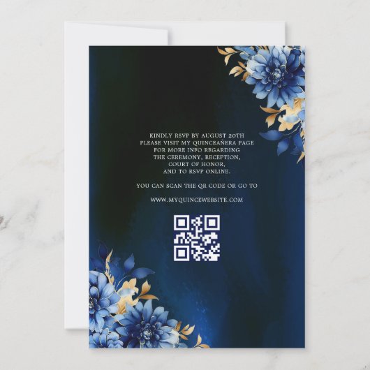 Floral Royal Blue QR Code Princess Quinceanera Kaart (Achterkant)