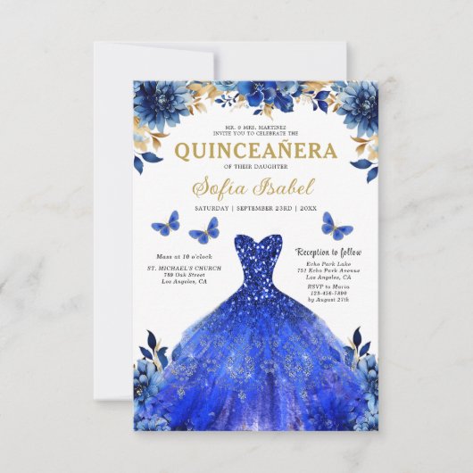 Floral Royal Blue QR Code Princess Quinceanera Kaart (Voorkant)