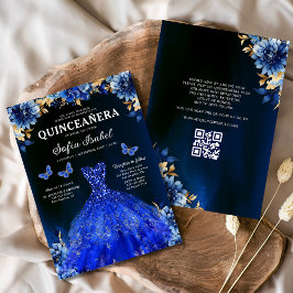 Floral Royal Blue QR Code Princess Quinceanera Kaart