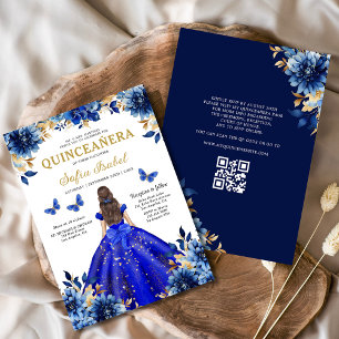 Floral Royal Blue QR Code Princess Quinceanera Kaart