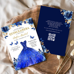 Floral Royal Blue QR Code Princess Quinceanera Kaart