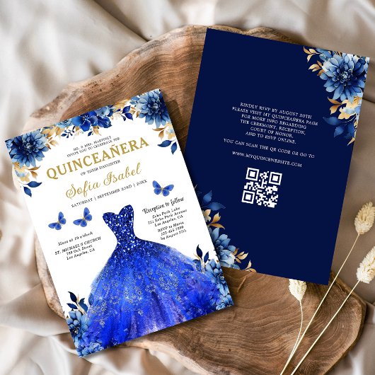 Floral Royal Blue QR Code Princess Quinceanera Kaart